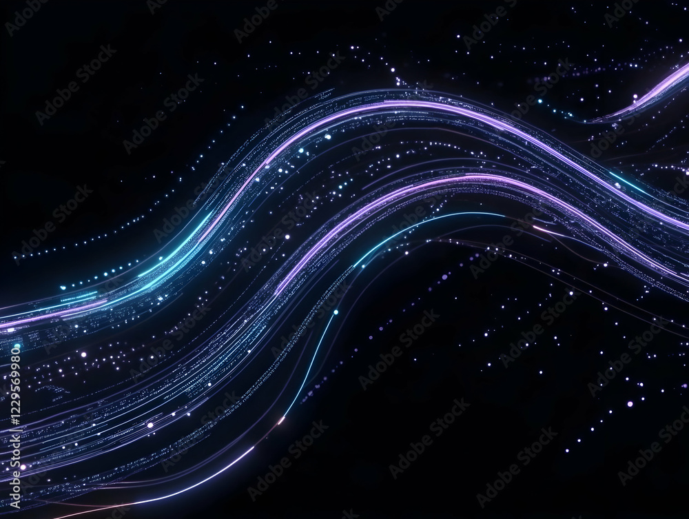 Naklejka premium Abstract Background with Glowing Neon Lights Forming a Wavy Pattern with Sparkling Particles