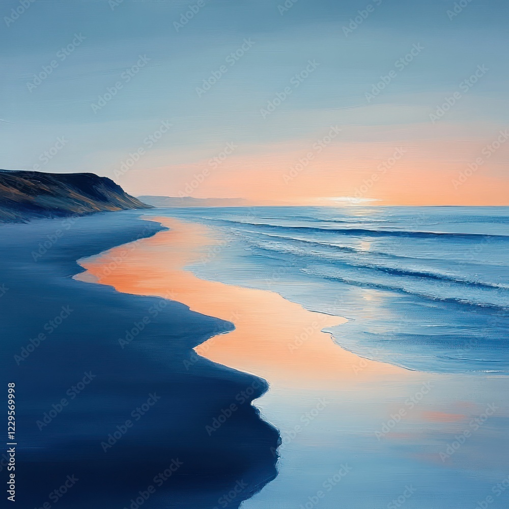 Fototapeta premium Serene sunset beachscape, calm ocean waves reflect sky hues.