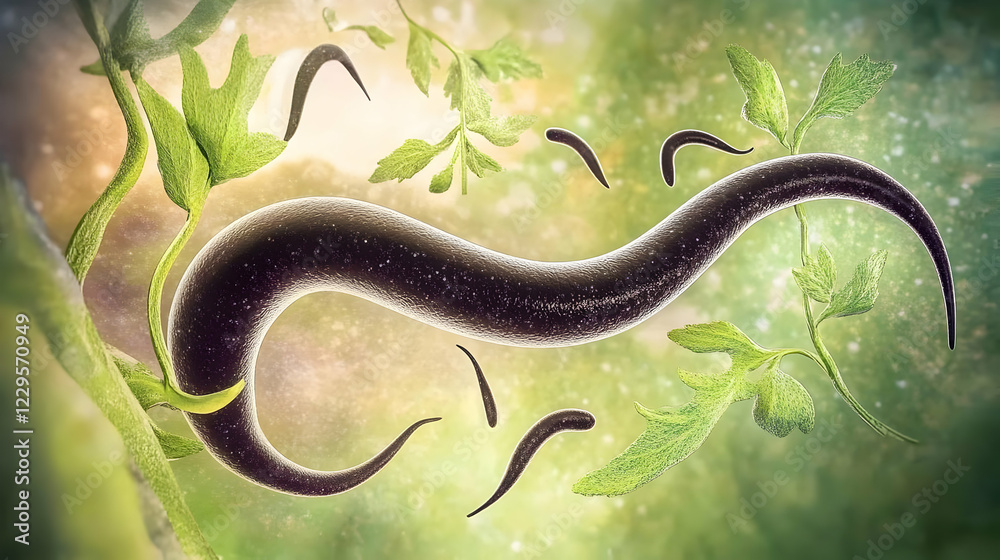 Obraz premium 3D Render of Parasitic Worm Infecting a Plant with Microscopic Detail.
