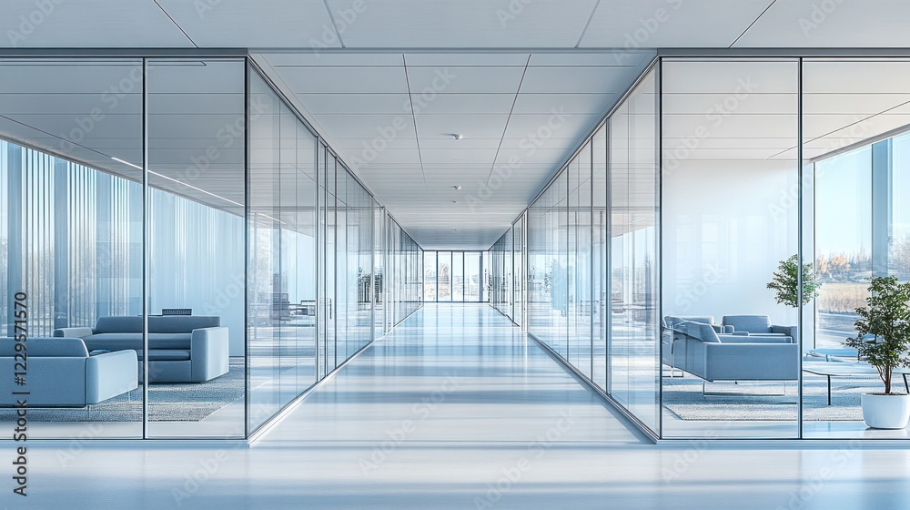Fototapeta premium Modern office hallway, city view, glass walls, calm workspace