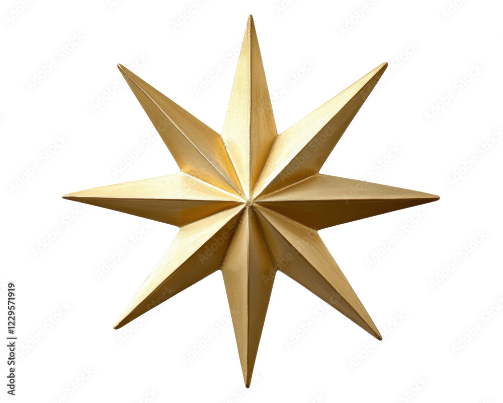A three-dimensional golden star with sharp points, often used as a decorative element. A three-dimensional golden star with sharp points, often used as a decorative element.