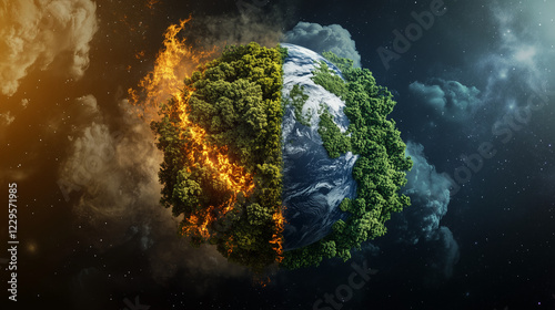 Planet earth with one half destroyed and one half preserved, earth day concept, environment preservation concept photo