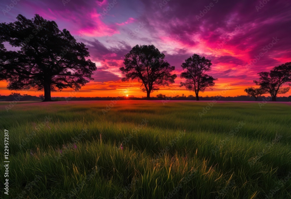 stunning vibrant sunset casting rich colors over serene tranquil field lush green grass silhouetted nature, scenery, landscape, sky, clouds, horizon, evening stunning vibrant sunset casting rich colors over serene tranquil field lush green grass silhouetted nature, scenery, landscape, sky, clouds, horizon, evening