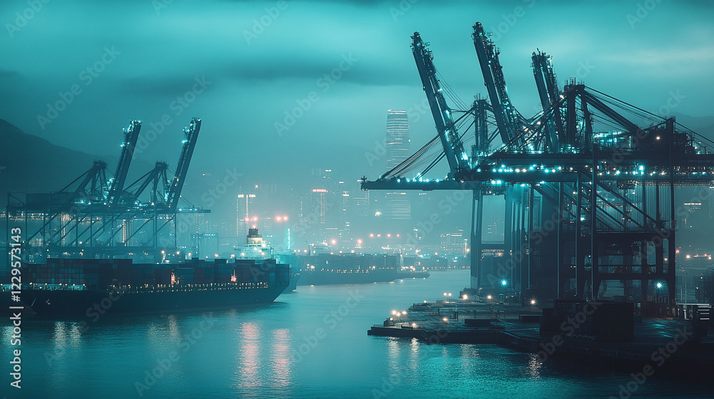 Obraz premium A cargo port with cranes and ships under misty, glowing lights highlights global trade, logistics, and industrial efficiency.