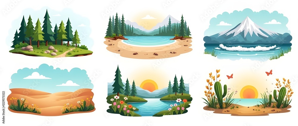 Obraz premium vector illustration of six natural season scenes arranged in a 2x3 grid on a clean white background