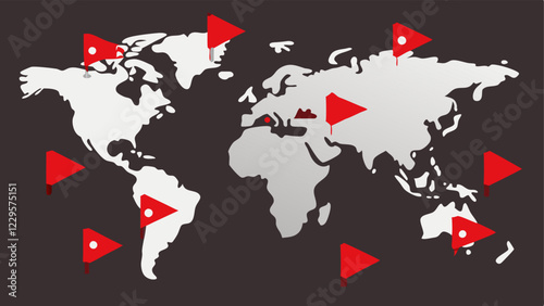 World Map with Red Flags A simplified world map with red flags indicating highrisk areas for money laundering showcasing a global awareness and response to financial crimes.