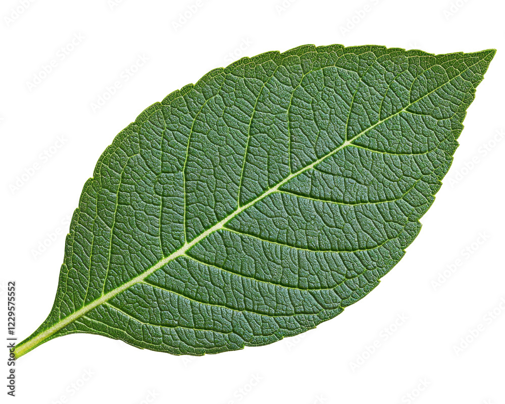 Obraz premium A detailed green leaf showcasing its texture and structure.