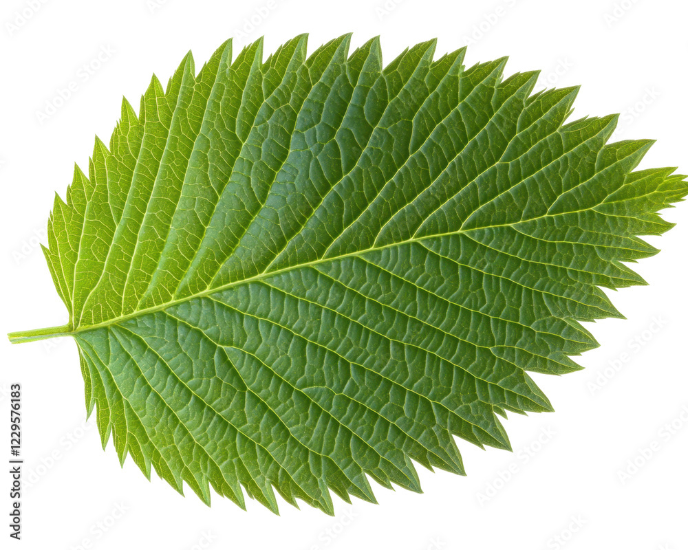A vibrant green leaf showcasing intricate vein patterns and a natural texture.