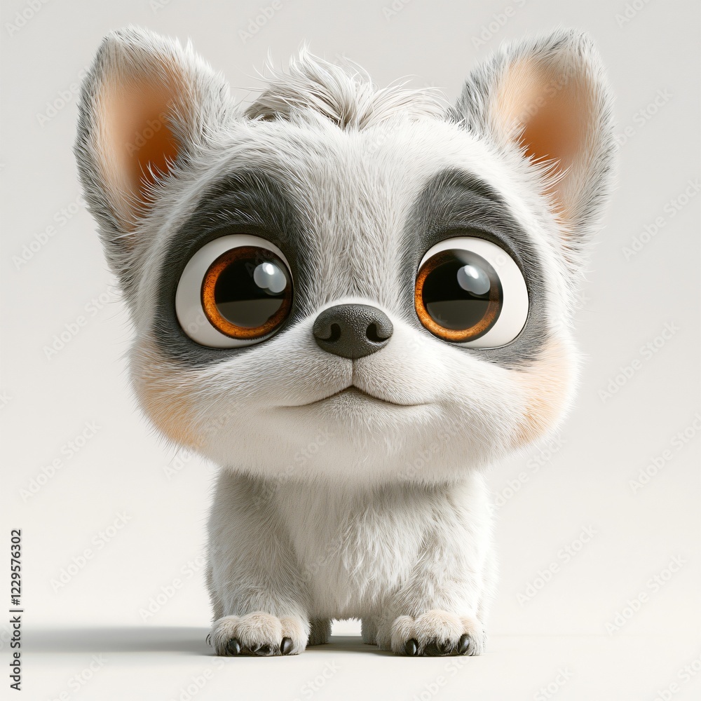 Obraz premium Adorable Cartoon Lemur Puppy Cute Baby Animal Big Eyes 3D Render Fluffy Fur White Grey