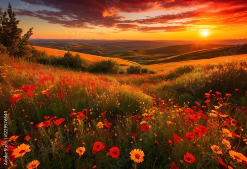 vibrant fields painted warm hues sunset creating captivating shadows across, colors, landscape, nature, scenery, sky, horizon, dusk, evening, orange