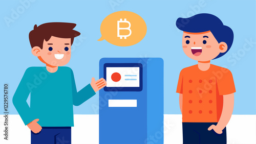 Youth Engagement A young adult enthusiastically explaining the benefits of using a cryptocurrency ATM to a friend with the ATM in the background.