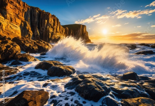 stunning coastal waves crash dramatically onto rugged rocky cliffs under vibrant blue sky golden sunlight gleaming water surface, beach, coastline, ocean photo