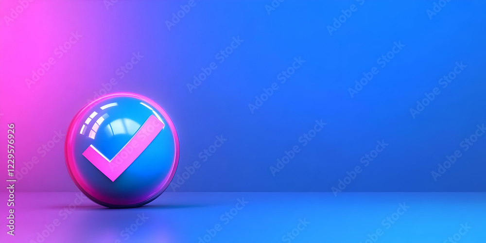 3D Check Mark Icon in Blue and Pink Sphere on Gradient Background: A Symbol of Confirmation and Approval. 3D Check Mark Icon in Blue and Pink Sphere on Gradient Background: A Symbol of Confirmation and Approval.