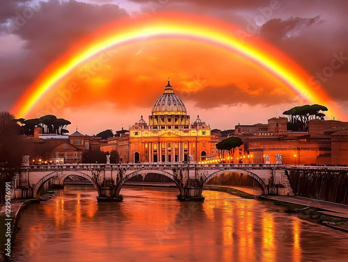 A rainbow arches over a maj...