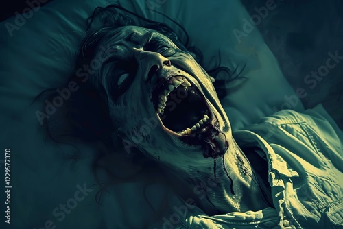 Scary undead creature lying in bed screaming with blood dripping from its mouth, a depiction of nightmare and terror