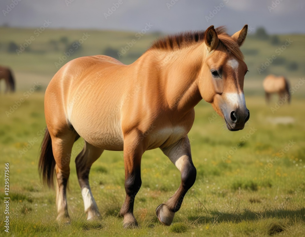 Przewalski Horse Stallion in Action on the Grassland, running, wild mustangs, natural terrain Przewalski Horse Stallion in Action on the Grassland, running, wild mustangs, natural terrain