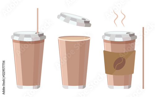 Paper coffee cup with lid on white background. Vector illustration of a set of coffee cups with tube, open and closed lid