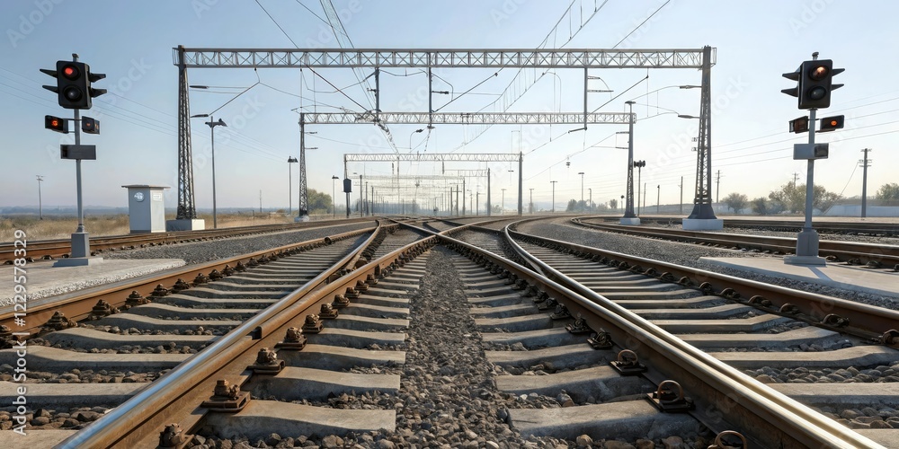 Fototapeta premium Railway track with multiple switches and interchanges in a complex layout, train, rail transport, logistics, freight