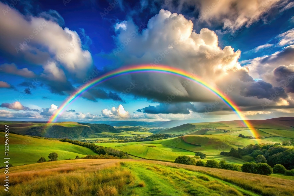 Rainbows stretching across the horizon in a vast landscape of rolling hills and fluffy white clouds, outdoor scene, natural scenery, hilltop view, rainbow horizon Rainbows stretching across the horizon in a vast landscape of rolling hills and fluffy white clouds, outdoor scene, natural scenery, hilltop view, rainbow horizon