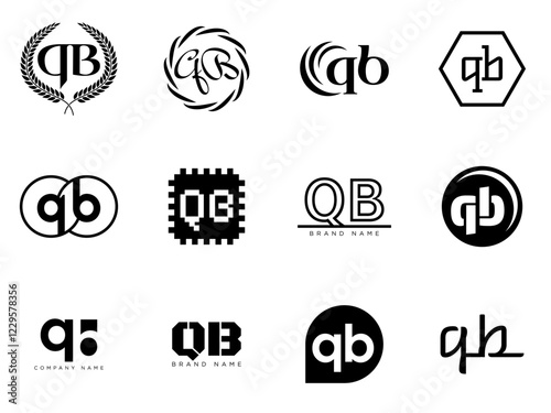 QB logo company template. Letter q and b logotype. Set different classic serif lettering and modern bold text with design elements. Initial font typography.