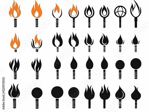 Torch and Flame Icons Set S...