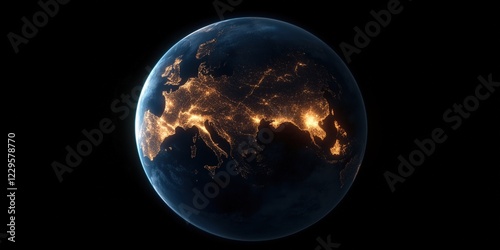 A high-resolution satellite image of Earth at night, with  intricate web of city lights