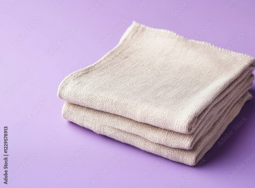 Photo of a folded beige kitchen towel on a purple background, front view. The cloth is made from linen fabric and has a smooth texture. Photo of a folded beige kitchen towel on a purple background, front view. The cloth is made from linen fabric and has a smooth texture.