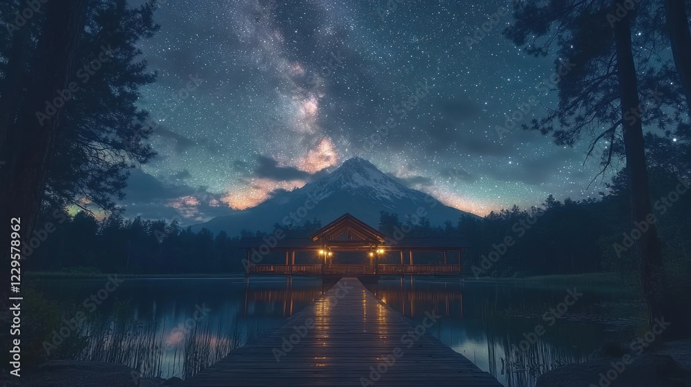 Fototapeta premium Mountain lake night stars ceremony