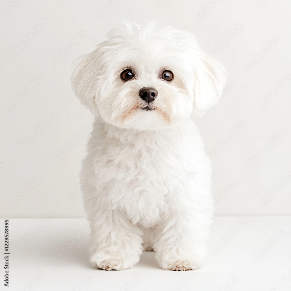 Adorable White Maltese Puppy Dog Sitting Studio Shot Fluffy Fur Pet Portrait Adorable White Maltese Puppy Dog Sitting Studio Shot Fluffy Fur Pet Portrait