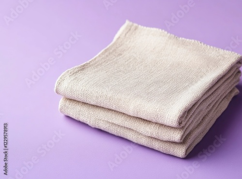 Photo of a folded beige kitchen towel on a purple background, front view. The cloth is made from linen fabric and has a smooth texture. 