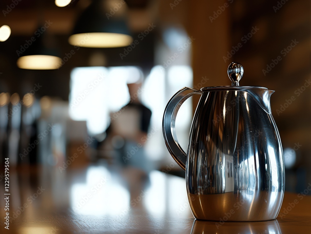 An elegant silver kettle shines in a cozy, warmly lit coffee shop An elegant silver kettle shines in a cozy, warmly lit coffee shop