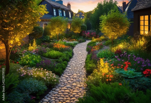 exploration urban design featuring lush greenery textured pathways vibrant modern environment, gardens, parks, plants, trees, flora, landscape, city