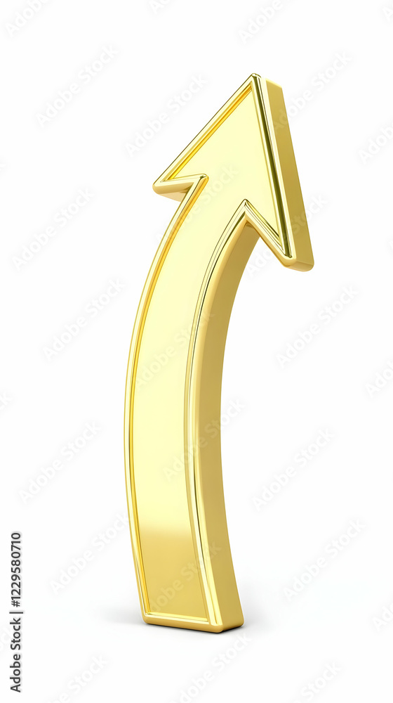 3D Golden Arrow Points Upward and Curves Rightward on a White Background 3D Golden Arrow Points Upward and Curves Rightward on a White Background