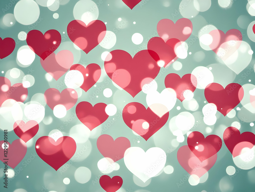 Red and Pink Hearts Float Gently on a Teal Background with Soft, Dreamlike Bokeh Red and Pink Hearts Float Gently on a Teal Background with Soft, Dreamlike Bokeh
