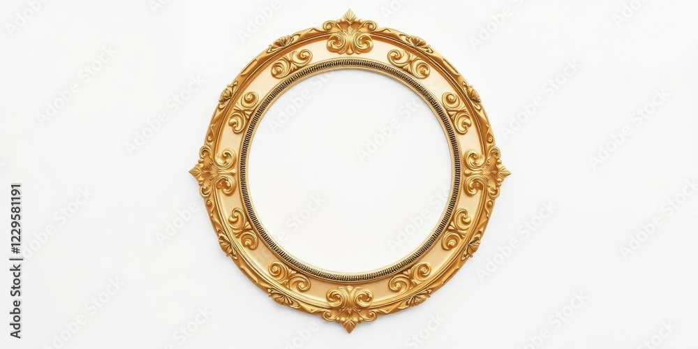 Round ornate gold frame with gilded details on a white background, luxury, golden accents, high end Round ornate gold frame with gilded details on a white background, luxury, golden accents, high end