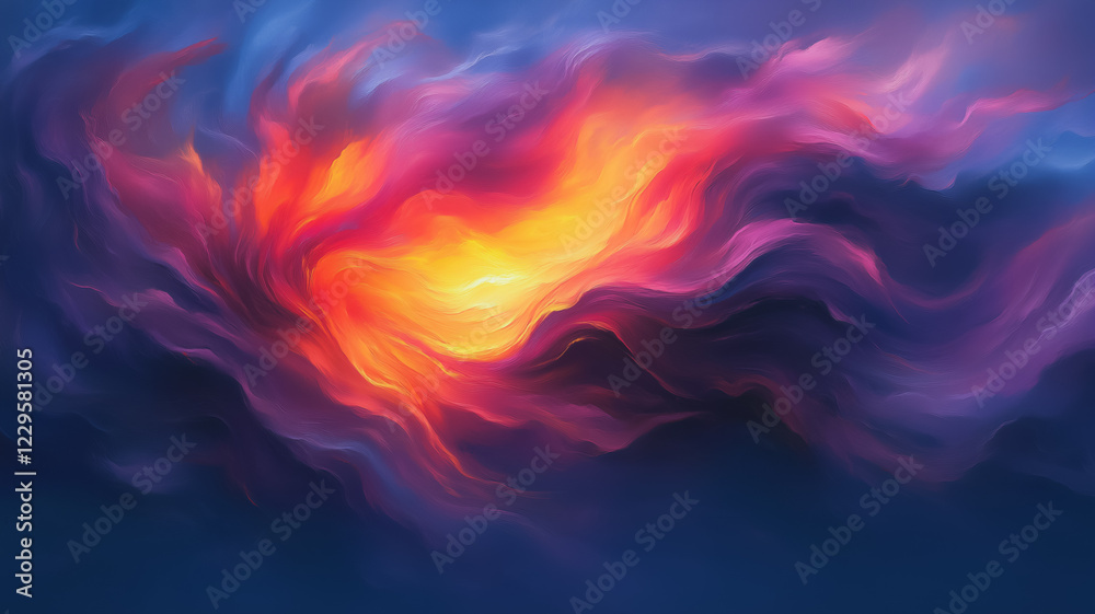 Obraz premium Cosmic Inferno: A mesmerizing swirl of vibrant colors, resembling a fiery nebula or cosmic explosion. The interplay of deep blues, fiery oranges.