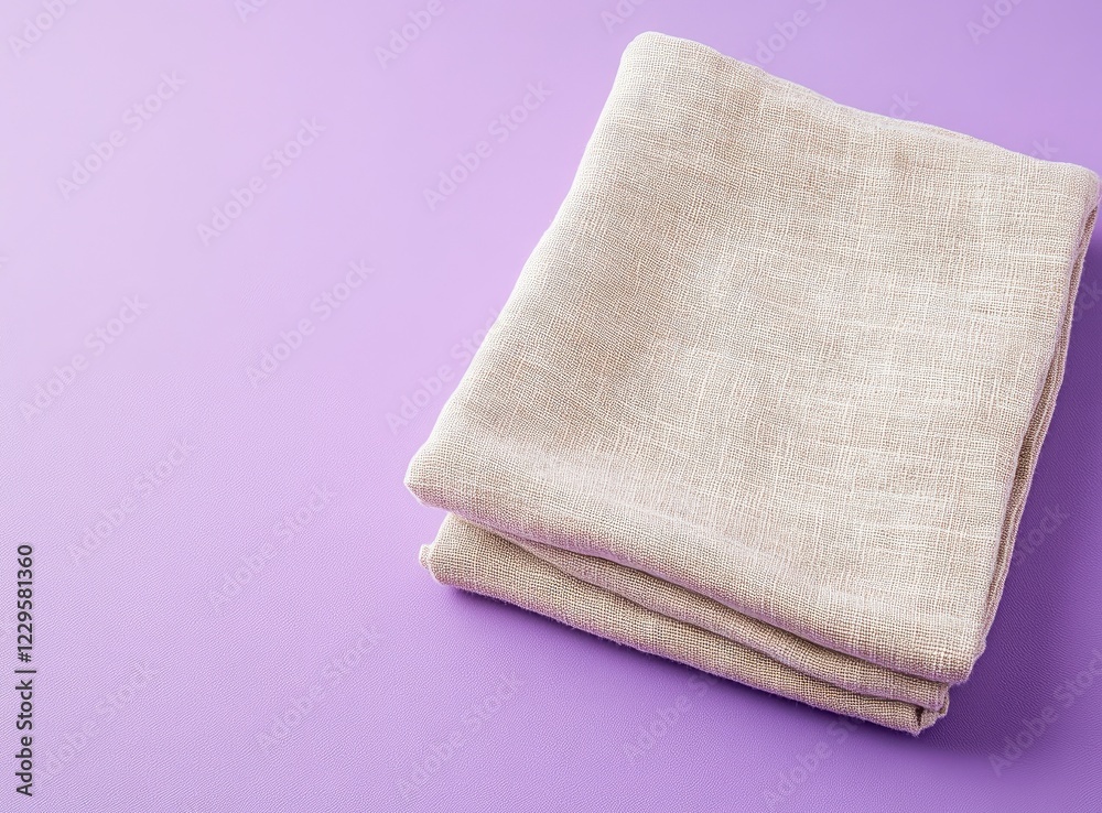 Photo of a folded beige kitchen towel on a purple background, front view. The cloth is made from linen fabric and has a smooth texture. Photo of a folded beige kitchen towel on a purple background, front view. The cloth is made from linen fabric and has a smooth texture.