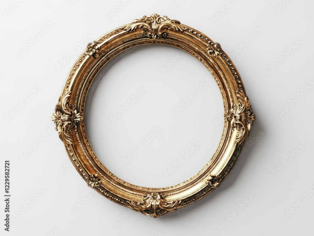 Fototapeta premium Ornate gold round frame on white background for display
