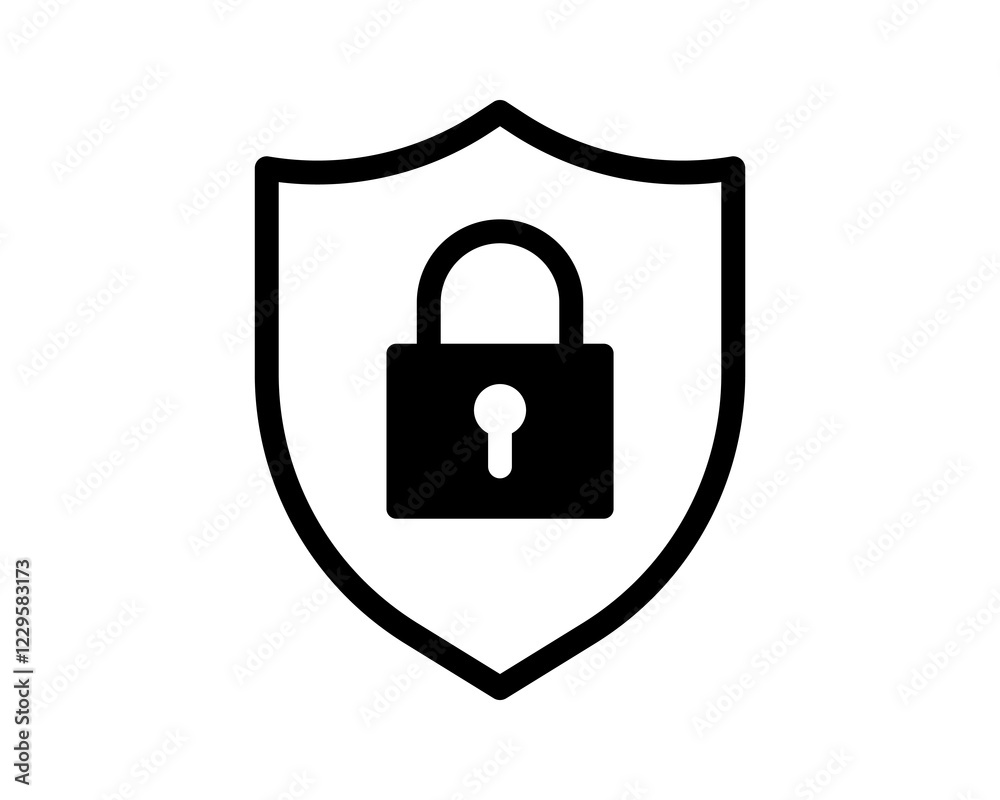 Bold black icon of a padlock inside a shield, representing security, protection, and safety. Bold black icon of a padlock inside a shield, representing security, protection, and safety.
