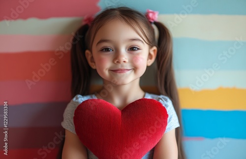 Happy little girl with red heart-shaped pillow, Valentine's Day celebration