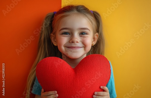 Happy little girl with red heart-shaped pillow, Valentine's Day celebration