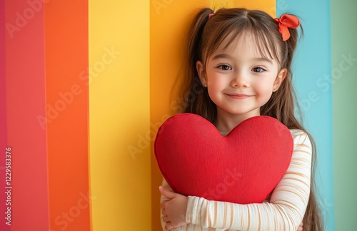 Happy little girl with red heart-shaped pillow, Valentine's Day celebration