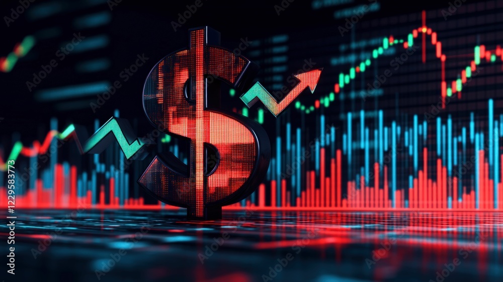 Fototapeta premium Illuminated dollar sign with rising, falling graphs.