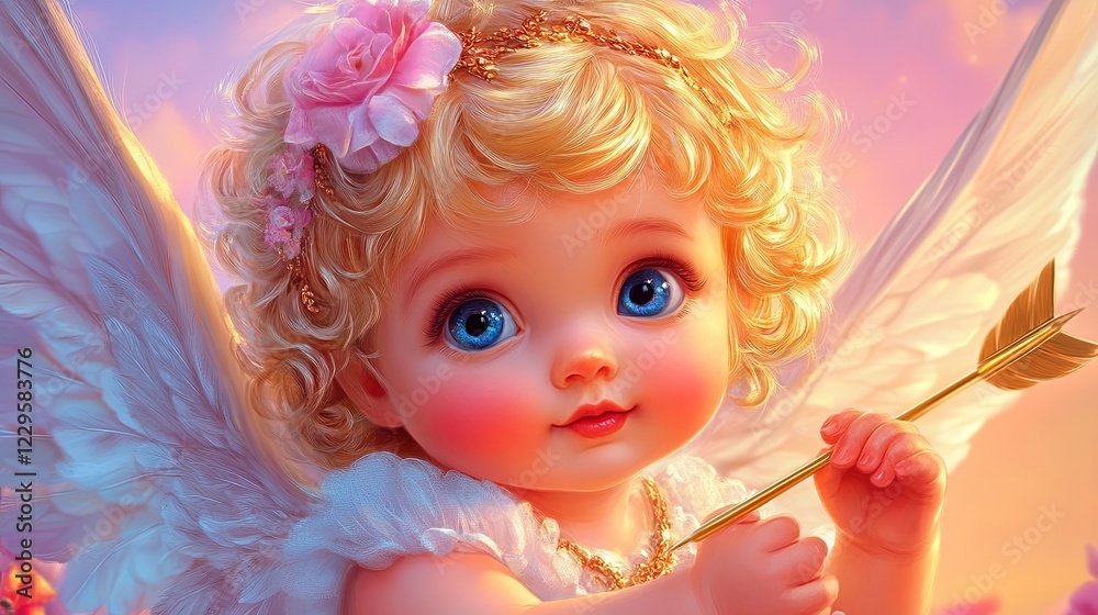 Fototapeta premium Dreamy Cupid Child in Fluffy Wings and Pastel Sky