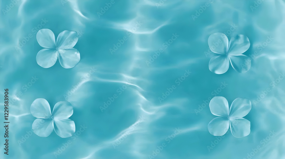Four Pale Flowers Gently Float on a Tranquil Turquoise Water Surface Creating a Serene Scene. Four Pale Flowers Gently Float on a Tranquil Turquoise Water Surface Creating a Serene Scene.