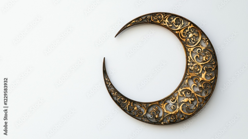 Ornate golden crescent moon on white background, potential holiday decor Ornate golden crescent moon on white background, potential holiday decor