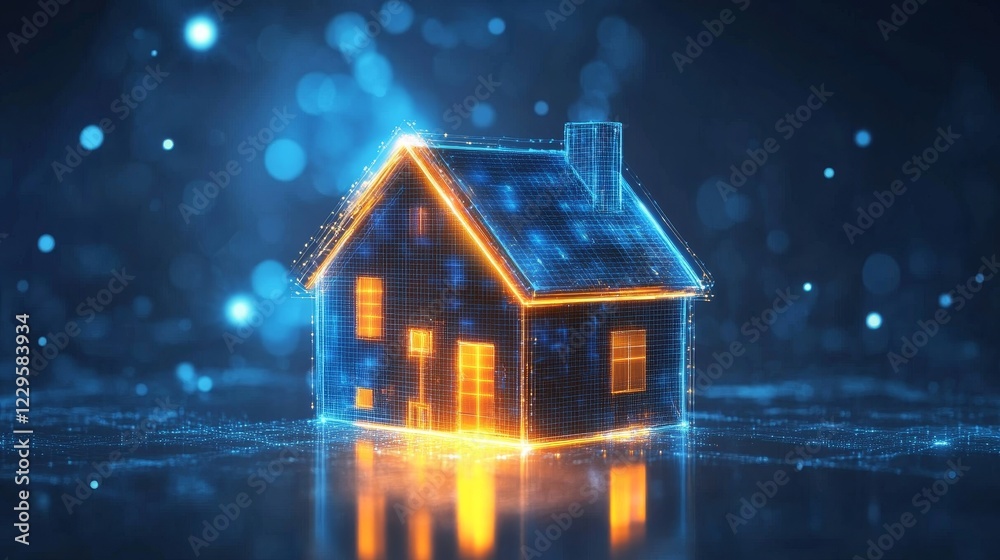 A stunning digital representation of a house illuminated with glowing lines, set against a captivating bokeh background, perfect for technology and architecture themes. A stunning digital representation of a house illuminated with glowing lines, set against a captivating bokeh background, perfect for technology and architecture themes.