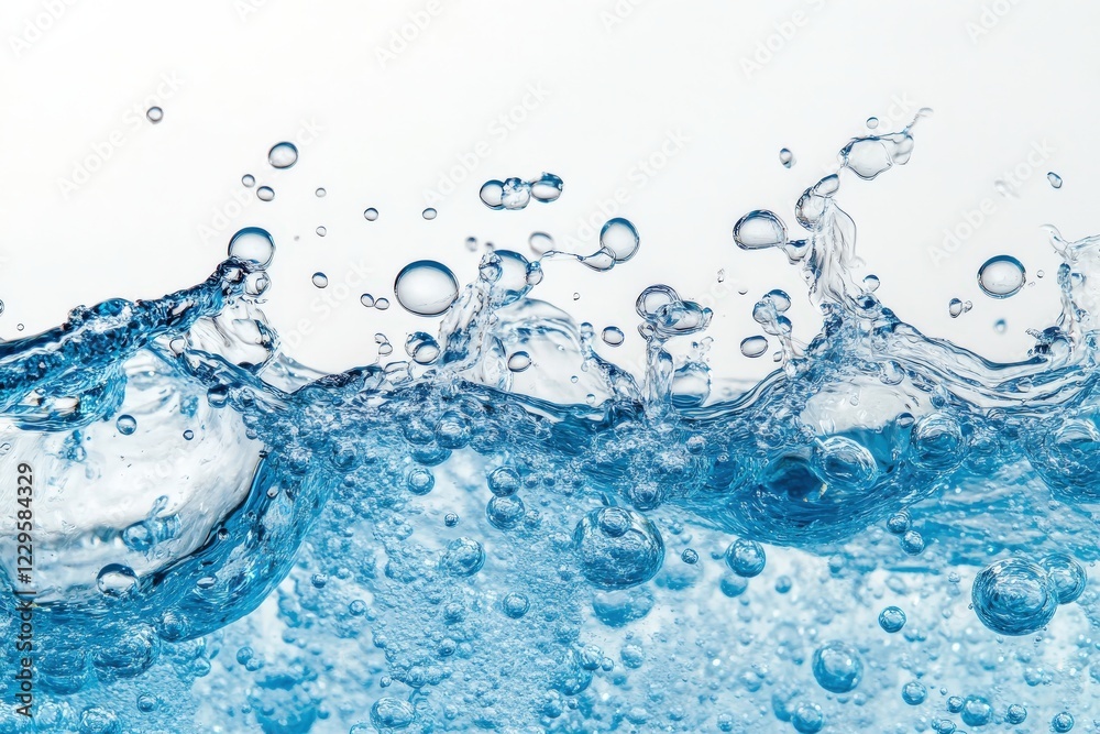 Close up of water splash with bubbles on a white background Close up of water splash with bubbles on a white background