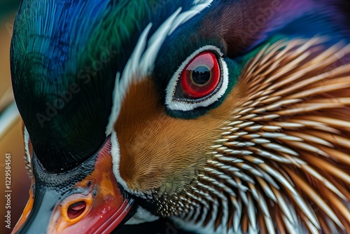 Colorful portrait of a male mandarin duck - aix galericulata - showing off its iridescent plumage photo