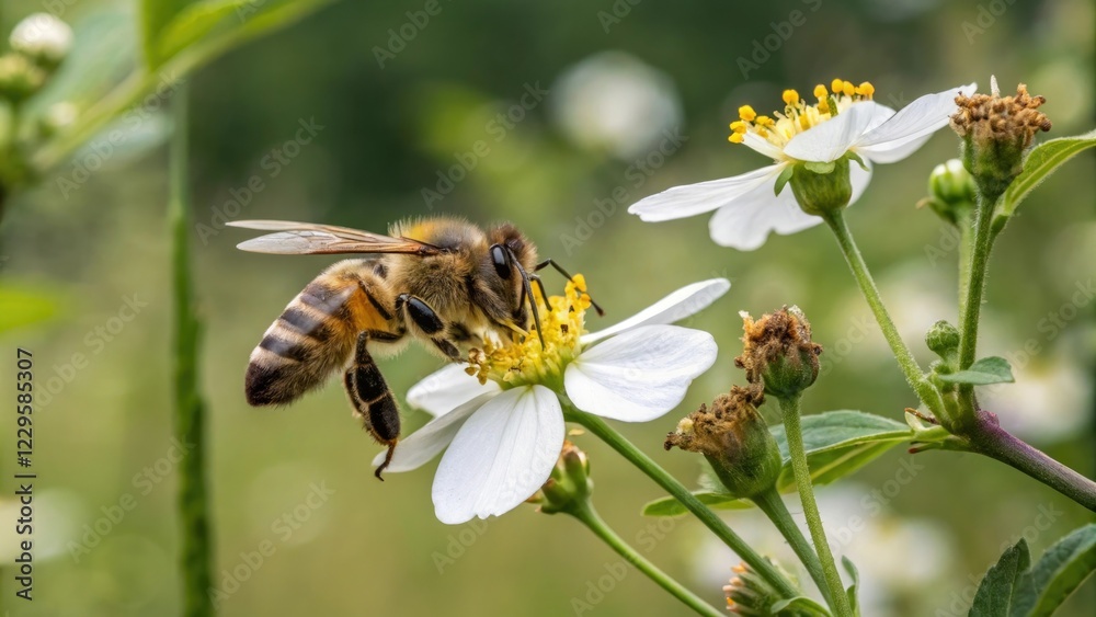 Simple design of a honeybee collecting nectar from flowers, environment, sustainability, conservation, biodiversity Simple design of a honeybee collecting nectar from flowers, environment, sustainability, conservation, biodiversity